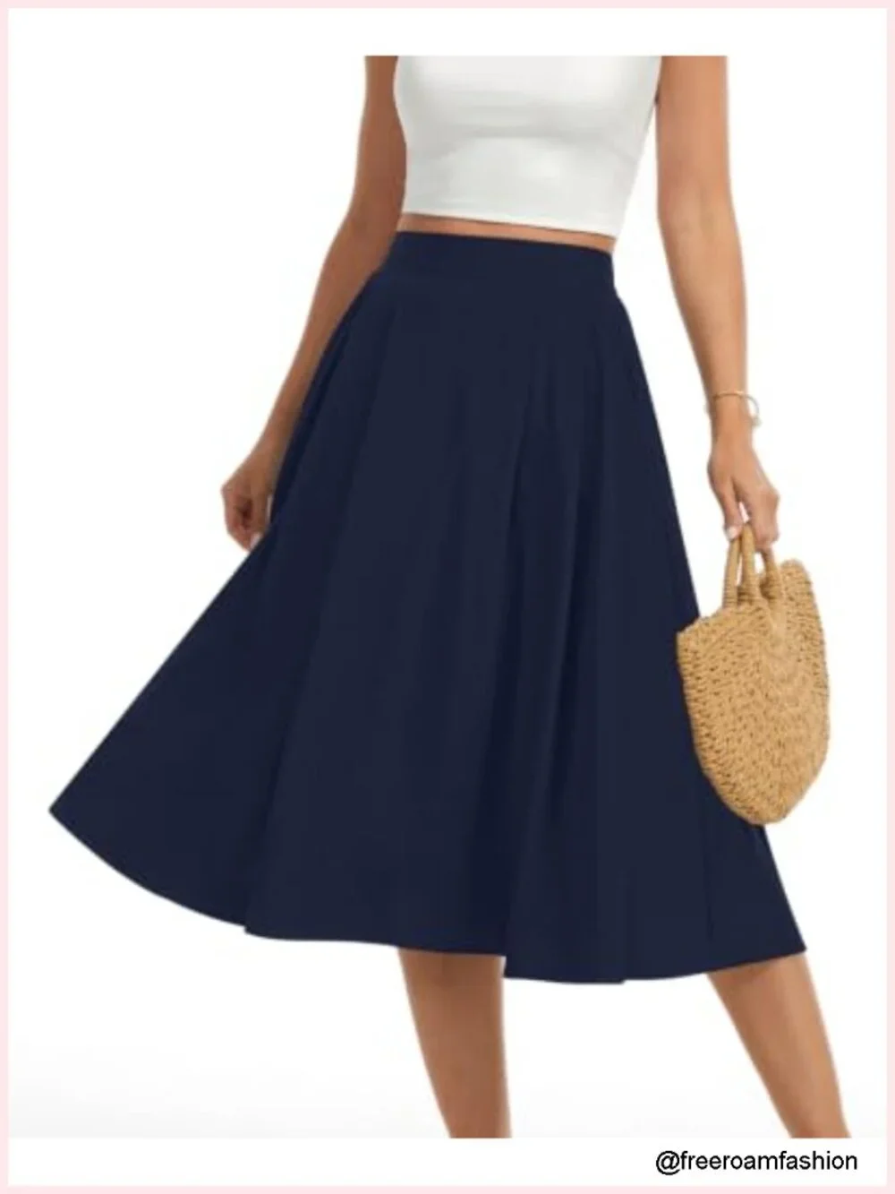 Midi Flowy A-Line Skirt with Pockets Elastic Waist High Waisted Below Knee